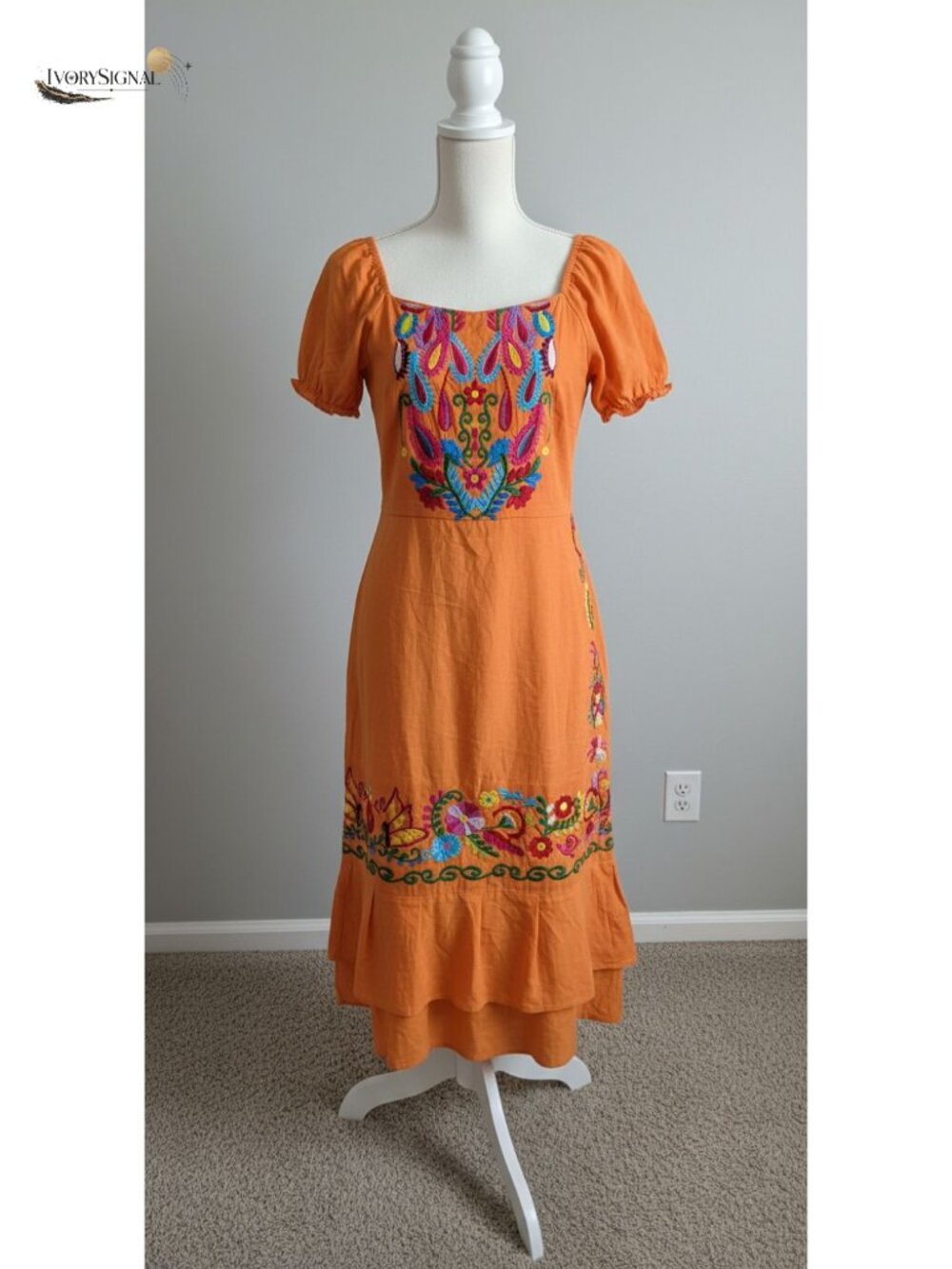 Mexican Boho Floral Embroidered Split Midi Dress Puff Sleeve Cotton Sundress